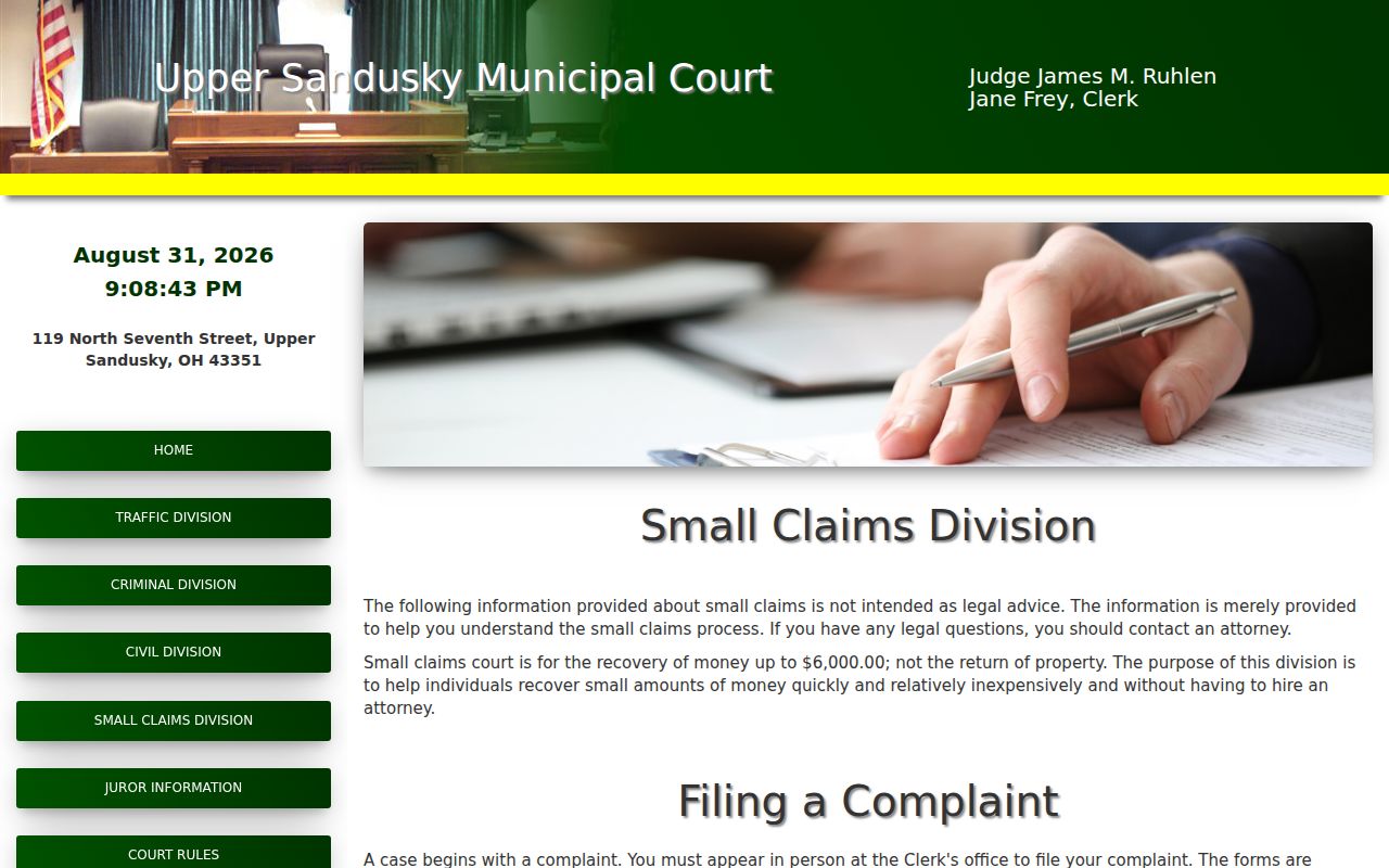 Wyandot County civil docket Small Claims Division setting information