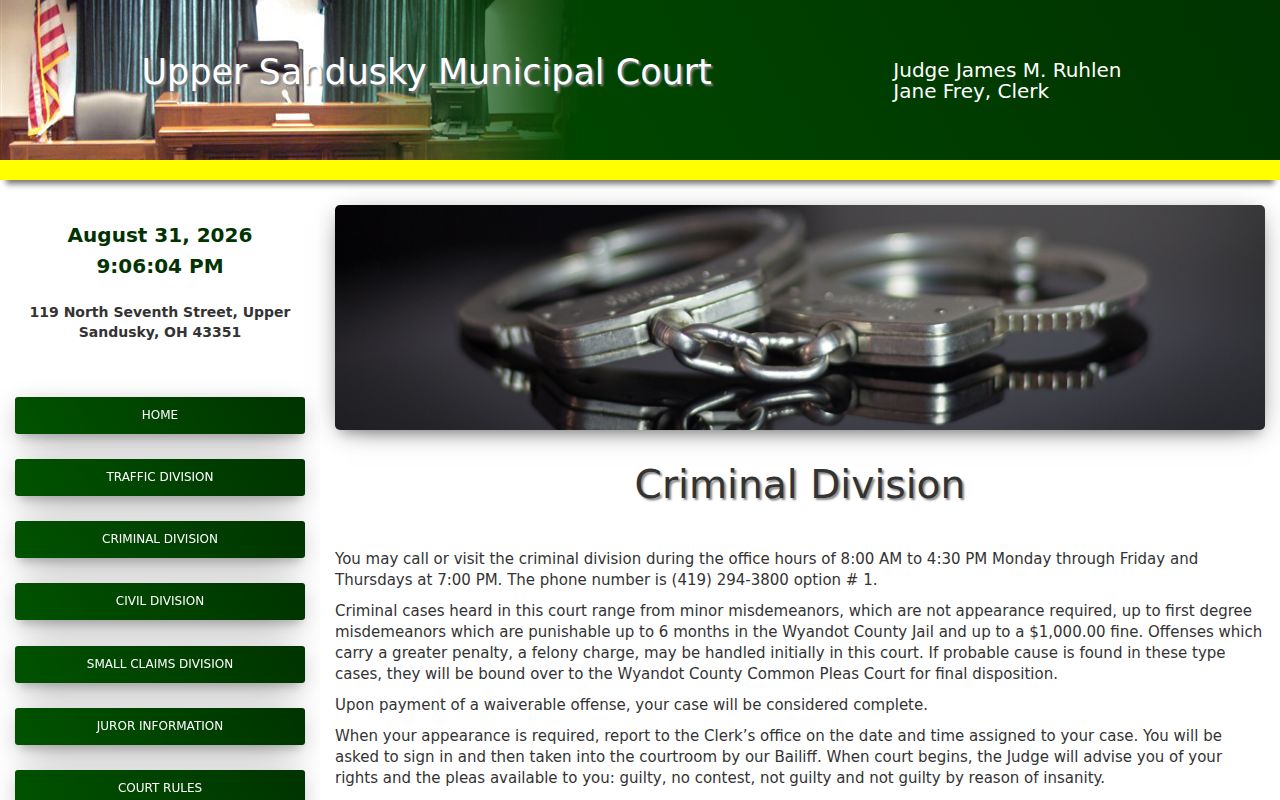 Wyandot County criminal docket information from Upper Sandusky Municipal Court